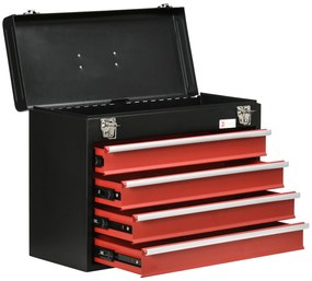 DURHAND Kufer Narzędziowy 4 Szuflady Zamykany Stal Czarno Czerwony Bezpieczne Przechowywanie 51x22x395cm | Aosom PL