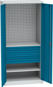 Szafa warsztatowa na narzędzia KOVOS, 2 półki, 4 szuflady, perforowana, 950 x 500 x 1950 mm