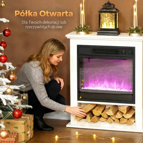HOMCOM Kominek elektryczny, realistyczne płomienie w 9 kolorach, regulowana jasność, 1800W, pilot, timer, Biały