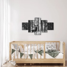 Obraz - Jeleń w lesie 2, czarno - biały (125x70 cm)