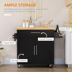 HOMCOM Wózek kuchenny serwisowy Wyspa kuchenna, 1 półka na przyprawy, 1 uchwyt na ręcznik, 109 cm x 40 cm x 89 cm, Czarny