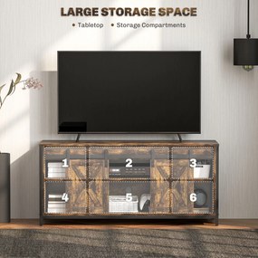 HOMCOM Niski stolik pod TV, design industrialny, na telewizory do 60'', 6 przegródek, 2 drzwi przesuwne, Brąz/Czarny