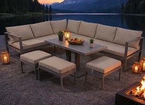 Narożnik ogrodowy Bellagio NM21-BR z pufami i stołem, szary, poduszki beżowe