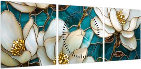 Obraz - Witraż z magnolią (z zegarem) (90x30 cm)