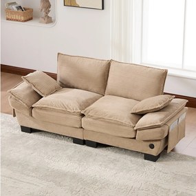 Sofa dwuosobowa z kordu - 190 x 73 x 84 cm - z portem USB i kieszeniami - wypełnienie z pianki - khaki