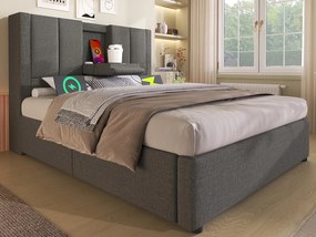 Tapicerowane łóżko z pojemnikiem 90x200cm - z ukrytym schowkiem na kubki - z portami USB i Type-C - z stelażem lamelowym - Len - Szary (bez materaca)