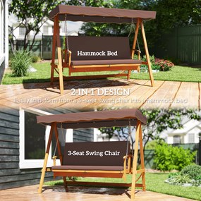 Outsunny Huśtawka Ogrodowa z Daszkiem, Drewniana, z Funkcją Leżanki, na 3 Osoby, Brąz