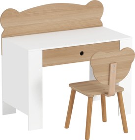 AIYAPLAY Zestaw biurka i krzesła dla dzieci z misiem i szufladą, do pisania i majsterkowania, 3-8 lat, Drewno naturalne