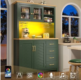 Kredens kuchenny w stylu rustykalnym - 105,5 x 40 x 180 cm - 4 drzwi + diody LED + uchwyty na kubki + szuflady - MDF - zielony