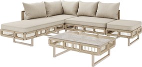 Salon ogrodowy - 4 osoby - kanapa narożna - z żelaza ocynkowanego - 1 stolik kawowy ze szkła hartowanego - podnóżek - zdobienie plecione - Beżowy