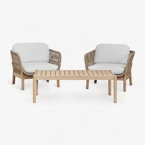 Zestaw Wypoczynkowy Z 2 Fotelami I Stolikiem Kawowym Z Drewna Akacjowego I Plecionej Liny Karvia Jasny Akacjowy Brąz & Tkaniny Biała - Sklum