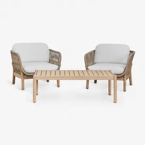 Zestaw Wypoczynkowy Z 2 Fotelami Z Plecionej Liny I Stolikiem Kawowym Z Drewna Akacjowego Karvia Jasny Akacjowy Brąz & Tkaniny Biała - Sklum