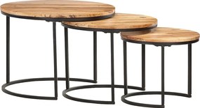 Zestaw 3 Okrągłych Stołów Gniazdowych z Litego Drewna Akacjowego z Olejowaną Powłoką – Nowoczesne Stoliki Boczne