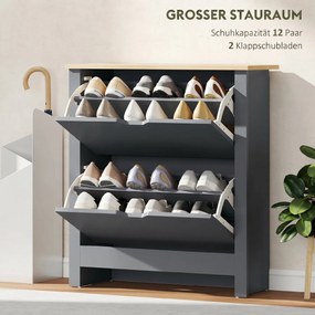 HOMCOM Szafka na buty z 2 klapowymi przegrodami, regulowana przegroda na 8-12 par butów, 72 x 26 x 80 cm, Ciemnoszary | Aosom PL