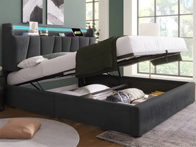 Łóżko 160x200cm - z LED i portami ładowania - tkanina lniana - Szary