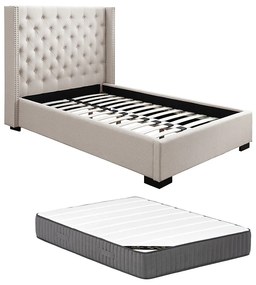 Łóżko 120 x 200 cm z pikowanym wezgłowiem - Tkanina - Beżowe + Materac - MASSIMO