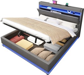 Tapicerowane łóżko z pojemnikiem 180x200 cm - z portem USB Type-C - z oświetleniem LED - z przegródką do przechowywania - Szary​ (materac nie jest wliczony w cenę)