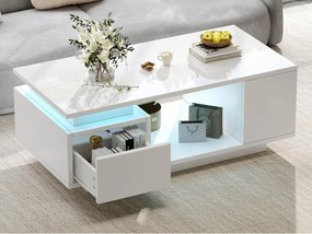 Lakierowany błyszczący stolik kawowy 100x50x36 cm - z oświetleniem LED - z 1 szufladą - z 4 przegródkami do przechowywania - Biały