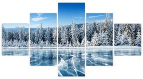 Obraz zamarzniętego jeziora i pokrytych śniegiem drzew (125x70 cm)