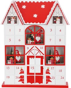 Kalendarz adwentowy ze światełkami LED Santa´s house czerwony, 29 x 7 x 37 cm