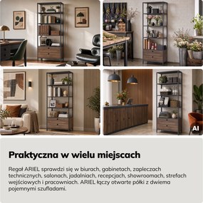 Regał z szufladami do biura, na segregatory i dokumenty, otwarte półki, metalowy, antracytowy/orzech, 800x2200x400 mm: ARIEL Eco Design