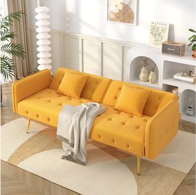 Sofa 2-osobowa rozkładana - 178 x 82 x 70 cm - z regulowanym oparciem i podłokietnikami - welur - żółta