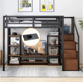 Łóżko piętrowe dla dzieci - 140 x 200 cm - z szafką RTV + gniazdkiem + drabinką bezpieczeństwa + półką - metalowe - czarne