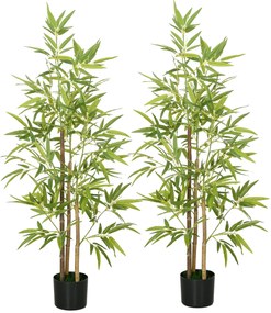 HOMCOM Sztuczne Drzewko Bambusowe 2er-Set, 3 Pnie, Niewymagające Pielęgnacji, 120 cm, Doniczka z Cementu, Zielony