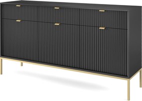Komoda Elegancka DomoHome NOVA – 154x83x39cm, fasada Geriffelt, złote uchwyty, uniwersalny design, 3 szuflady i 3 drzwi, Czarna rama złota