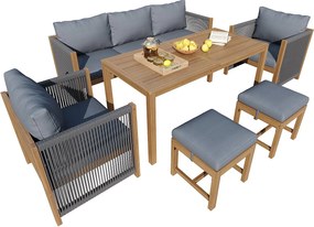 Zestaw mebli ogrodowych modułowy ocynkowany stalowy dla 7 osób - sofa 3-osobowa i 2 sofy pojedyncze + stolik kawowy i 2 hokery - szary