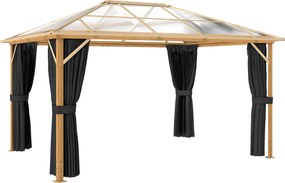 Outsunny Pawilon ogrodowy 4x3m aluminiowy z dachem z poliwęglanu 6 mm, moskitiera, 4 zasłony, imitacja drewna, naturalne drewno | Aosom PL