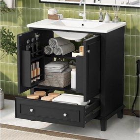 Pojedyncza szafka pod umywalkę ze zintegrowaną umywalką ceramiczną - 73 x 46 x 87 cm - z 1 szufladą i 2 drzwiami - ceramika + MDF - czarna