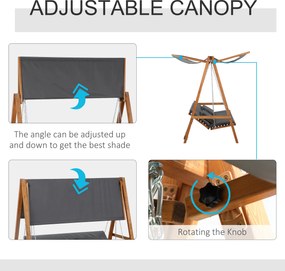 Outsunny Huśtawka Ogrodowa z Funkcją Łóżka 3-osobowa, Huśtawka z Drewna Modrzewiowego z Regulowanym Dachem Przeciwsłonecznym, Ławka Huśtawka Obciążenie 250kg, 225,5 x 113 x 180 cm Szary+Teak | Aosom PL