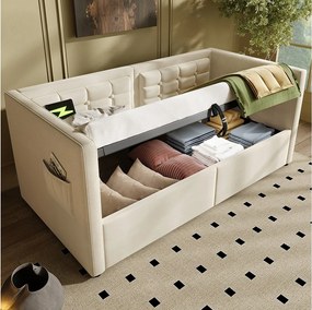 Sofa rozkładana 90x200 cm, beżowy aksamit, Łóżko ze schowkiem i portem USB/Typ-C, drewniany stelaż - bez materaca