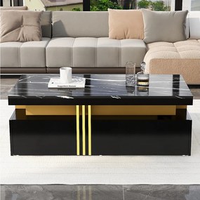 Stolik kawowy prostokątny z 2 szufladami - 100x50x40 cm - płyta wiórowa - blat marmurowy, do salonu - czarny