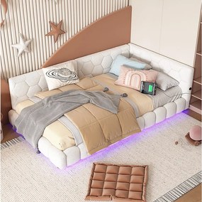 Sofa dziecięca rozkładana - 90 x 200 cm - z diodami LED + USB + stelaż - welur - biała