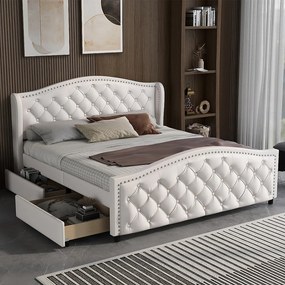 Łóżko dwuosobowe tapicerowane w skórze ekologicznej - 140x200cm - z 2 szufladami - Białe