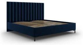 Ciemnoniebieskie tapicerowane łóżko dwuosobowe ze schowkiem i stelażem 140x200 cm Casey – Mazzini Beds