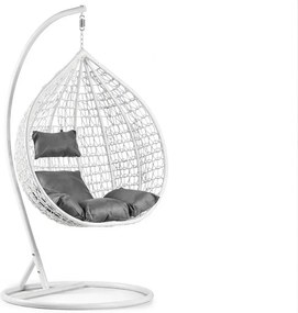 Białe wiszące krzesło KOKON ze stojakiem, szara poduszka