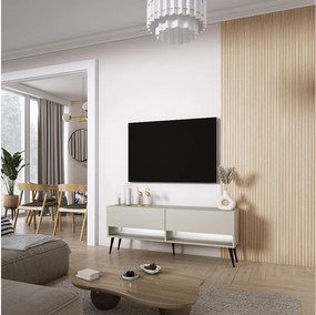 Szafka pod telewizor 140 cm Kaszmir, nóżki pochyłe czarne, LED biały, 140 × 32 × 52 cm