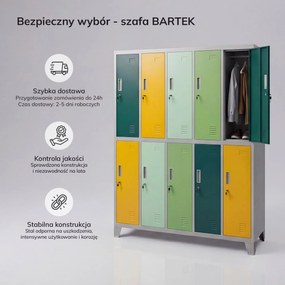 Szafa BHP ubraniowa 10-drzwiowa szaro-zielono-żółta: BARTEK 1360 x 1720 x 450 mm