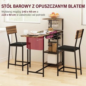 HOMCOM 3-częściowy zestaw stołów barowych, 1 stół, 2 hokery, z regałem na wino, uchwytem na szklanki, otwartymi półkami, podnóżkami, brązowy