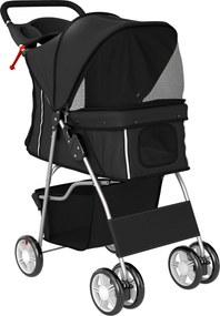 PawHut Wózek dla psa, składany wózek z odblaskami, koszem na zakupy i poduszką dla małych psów do 10 kg, 77x44x102 cm, czarny | Aosom PL