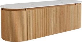 Wisząca szafka podumywalkowa ryflowana z drewna jesionowego z blatem z matowego spieku kamiennego – Jasny naturalny – S150 cm – LILIKO