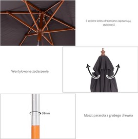 Outsunny Parasol Ogrodowy Drewno Jodłowe Poliester Ciemnoszary 3Stopniowa Regulacja 200x150x230cm | Aosom PL