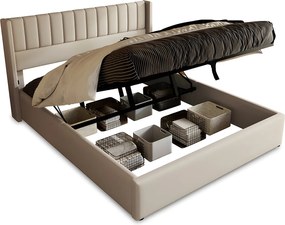 Łóżko tapicerowane 160x200cm z lnu z stelażem na listwach - Beżowe