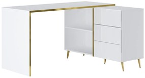 Biurko narożne z szufladami i wnękami - Biały z połyskiem i złoty - MARZIALO