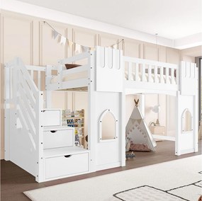 Łóżko piętrowe dla dzieci - 90 x 200 cm - ze schodkami do przechowywania i oknem - drewno + MDF - białe