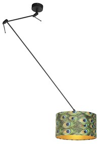 Lampa wisząca czarna z abażurem z aksamitu w kolorze pawia ze złotem 35 cm - Blitz klasyczny/Antyczny Oswietlenie wewnetrzne