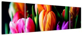 Obraz tulipanów na czarnym tle (170x50 cm)